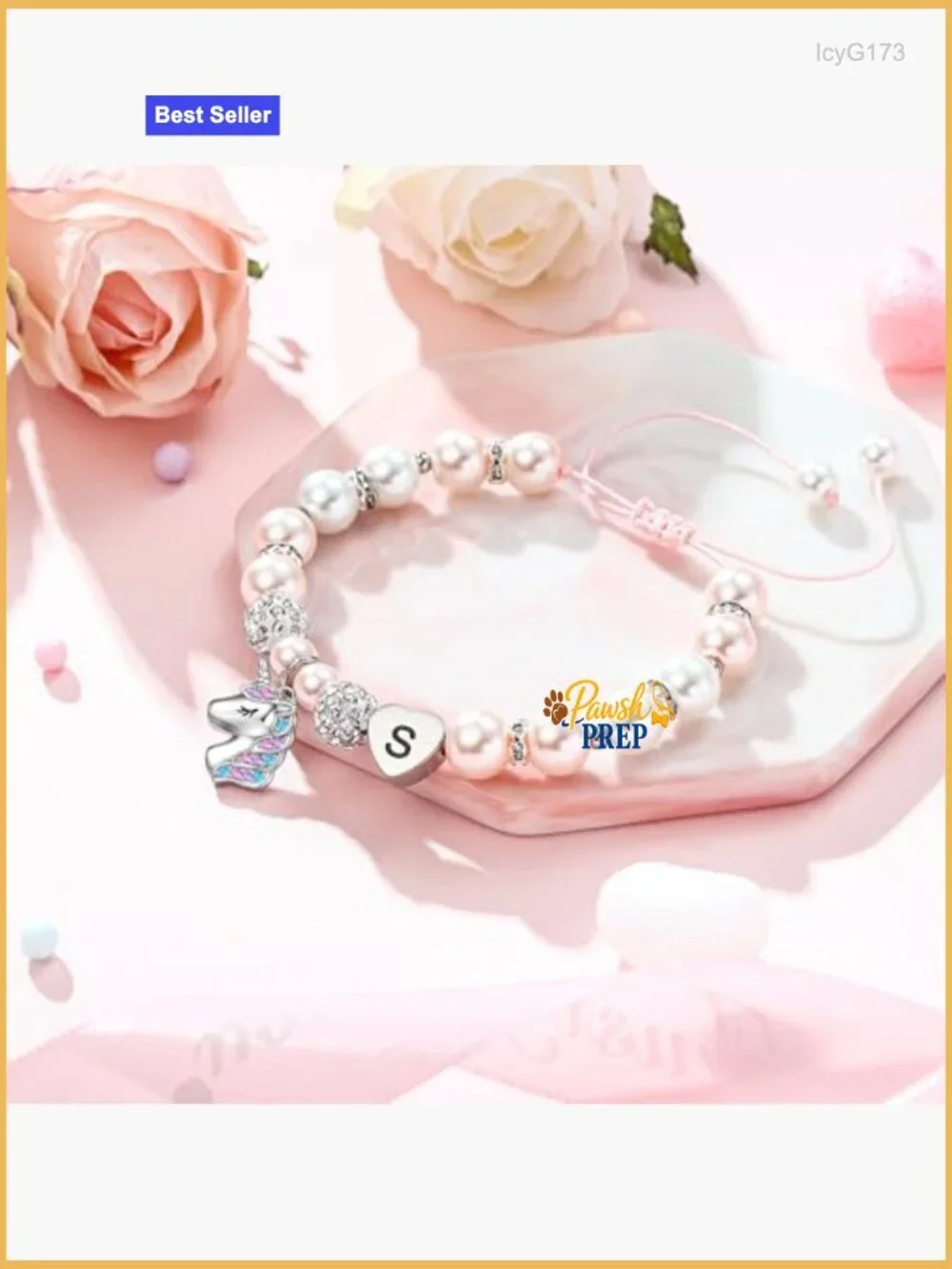 Adjustable Unicorn Charm Bracelet with Heart Initial, Pearl Accents, Kids